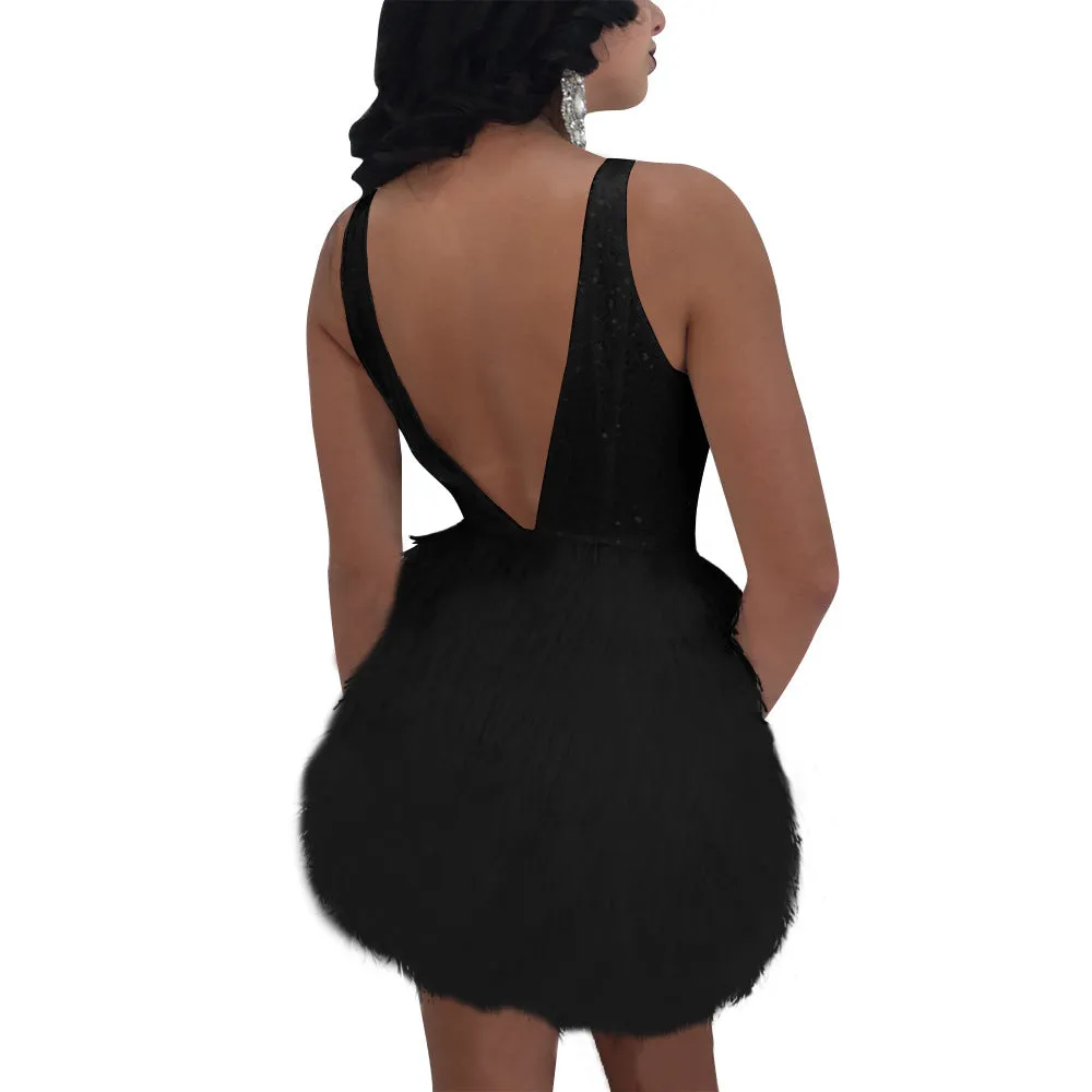 Deep V-neck Backless Faux Fur Decorate Short Club Party Dress