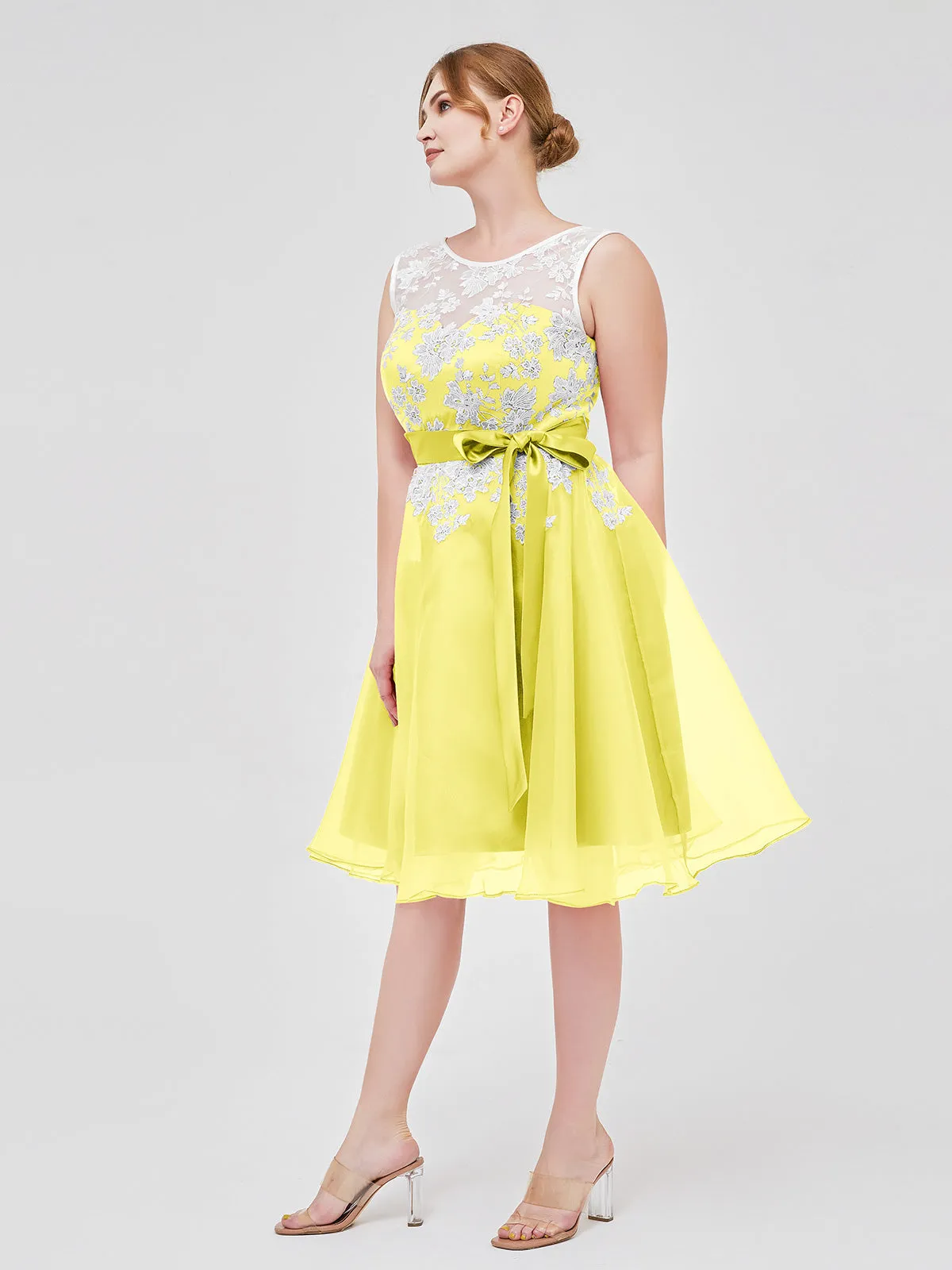 Illusion Neck Organza with Ivory Lace Appliqued Lemon