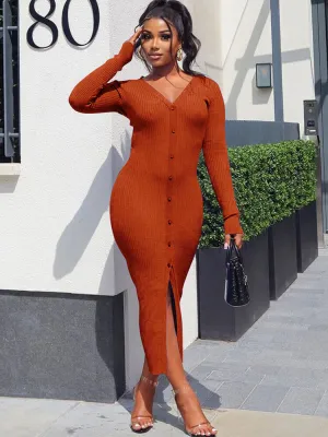 Ribbed Knitted Split Bodycon Midi Dresses